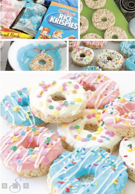 These Donut Rice Krispies Treats® are one adorable dessert recipe that would be perfect for a themed birthday party or a sleepover. Use Rice Krispies® cereal, marshmallows, and vanilla to create the base of this fun treat. Then, use colorful melted chocolate and sprinkles to decorate. You could even set up a DIY dessert bar to share these sweets with party guests. Diy Dessert Bar, Doughnut Party, Donut Themed Birthday Party, School Dinners, Birthday Donuts, Rice Krispies Treats, Donut Birthday Parties, Krispies Treats, Diy Desserts