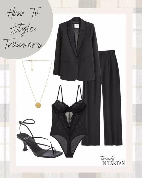 How to style trousers! Trousers, blazer, lace bodysuit, gold necklace, black heels #LTKstyletip#LTKSeasonal#LTKfit Trouser Outfit, Style Trousers, Trending Fashion Outfits, Trending Fashion, Necklace Black, Lace Bodysuit, Outfit Posts, Sandal Women, How To Style