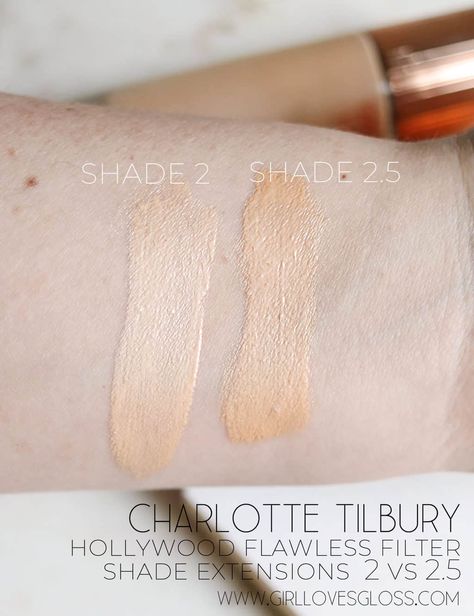 Charlotte Tilbury HollyWood Flawless Filter Shade Range Extension | Comparing Shades 2 and 2.5 Charlotte Tilbury Flawless Filter Swatch, Charlotte Tilbury Flawless Filter Shades, Charlotte Tilbury Flawless Filter, Charlotte Tilbury Hollywood Flawless Filter, Charlotte Tilbury Hollywood Flawless, Hollywood Flawless Filter, Flawless Filter, Hollywood Lights, Makeup Icons