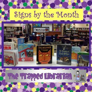 Monthly Signs from The Trapped Librarian. Use them for library book displays or a calendar bulletin board.  Suggestions for monthly library book resources are included! Library Bulletin Board, Classroom Bulletin Board, Library Themes, Library Posters, Library Book Displays, Elementary School Library, Library Organization, Library Bulletin Boards, Library Skills