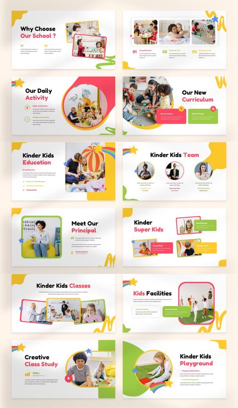 Kindergarten & Preschool PowerPoint Template. 30+ Slides. Fun Presentation Design, School Presentation, Business Model Template, Interactive Powerpoint Presentation, School Powerpoint Templates, Kids Graphic Design, Presentation Design Layout, Business Fonts, Powerpoint Design Templates