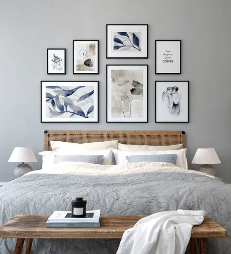 Gallery wall and picture wall inspiration - Desenio.com Picture Wall Bedroom, Summer Wall Art, Above Bed, Black Picture Frames, Online Wall Art, Trendy Wall Art, Wall Gallery, Inspiration Wall, Grey Walls