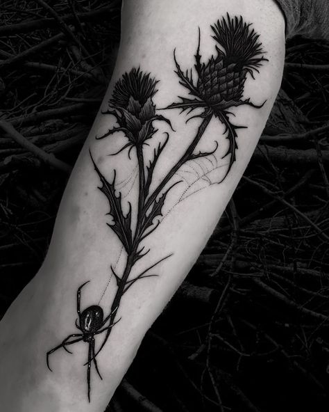 Thistle Tattoo Black, Darkside Tattoo, Wild Gardens, Back Of Leg Tattoos, Victorian Witch, Thistle Tattoo, Wildflower Tattoo, Mommy Tattoos, Thistle Flower