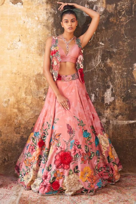 Varun Bahl | Designer Menswear and Womenswear Online Varun Bahl, Printed Lehenga, Raw Silk Lehenga, Floral Lehenga, Green Lehenga, Hot Pink Floral, Pink Trousers, Pink Lehenga, 3d Hand