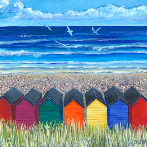 Look out from behind a row of brightly coloured beach huts at Saltburn-by-the-Sea, in this new original acrylic painting. With this seaside scene, I hoped to evoke cherished memories of holidays on the beach in summertime. Brightly coloured beach huts are such a quintessential image of British coastal holidays, along with gulls overhead and white-tipped waves on golden sand. If you’re looking to bring a touch of coastal charm to your home, then this is the painting for you! To view this pa... Saltburn By The Sea, Beach Huts Art, Coastal Pictures, Yorkshire Coast, Beach Memories, Painting Summer, British Seaside, Coastal Holiday, Seaside Style