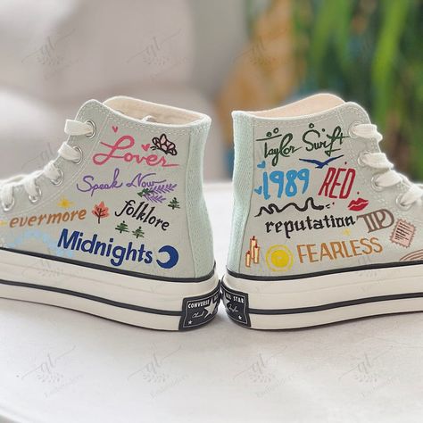 Taylor Swift Shoes Diy Ideas, Taylor Swift Eras Tour Shoes, Taylor Swift Diy Shoes, Converse Embroidery Taylor Swift, Painted Taylor Swift Shoes, Taylor Swift Shoes Diy, Taylor Swift Sneakers, Taylor Swift Converse, Taylor Swift Converse Shoes