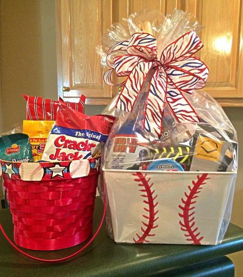 Making gift baskets is SO much fun especially when you can tailor it to a specific family. It's great when you know what they like. I try to pay attention to what the person or family is interested in Baseball Basket Ideas, Baseball Gift Basket Ideas, Baseball Easter Basket Ideas, Baseball Gift Basket, Hommade Gifts, Baskets To Make, Basket Ideas For Boyfriend, Theme Baskets, Boys Easter Basket