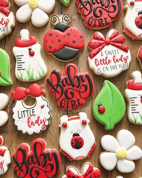 Ladybug Baby Shower Cake, Lady Bug Baby Shower Theme Girl, Ladybug Sugar Cookies, Love Bug Baby Shower, Ladybug Baby Shower Decorations, Ladybug Baby Shower Theme, Flood Cookies, Ladybug Cookies, Ladybug Cakes