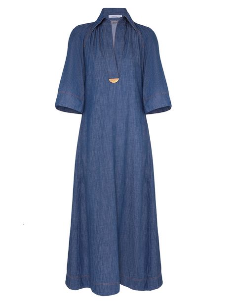 The Denim Midi Dress in Railway Blue from our Spring 2024 Collection, Natura. A midi denim dress featuring plunging neckline and wide sleeves. How To Style A Maxi Dress, Design Your Own Shoes, Dress In, Garment Care Labels, Midi Denim, Denim Midi Dress, Dress Designer, Feather Dress, Style Maxi Dress