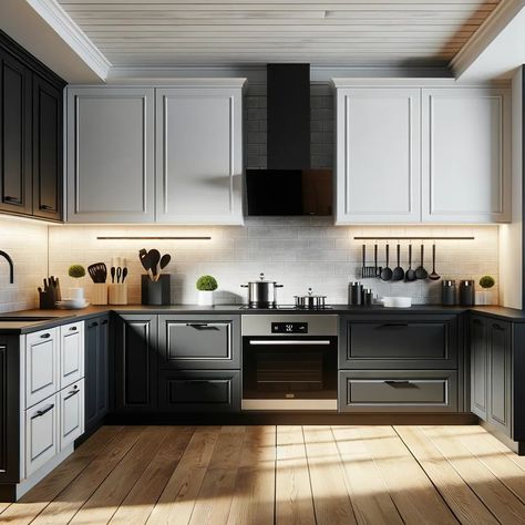 black and white two-tone kitchen cabinets Black Two Tone Kitchen Cabinets, Dual Color Kitchen Cabinets, 2 Toned Kitchen Cabinets, Kitchen Cabinets Black And White, 2 Tone Kitchen Cabinets, Two Toned Kitchen Cabinets, Black And Grey Kitchen, Kitchen Cabinets Grey And White, White Upper Cabinets