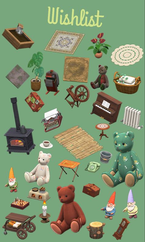 Acnh Items Wishlist, Acnh Items List, Acnh Mini Builds, Sims Cottagecore, Animal Crossing Hair, Acnh Cottagecore, Animal Crossing Fan Art, Cute Furniture, Animal Crossing Wild World