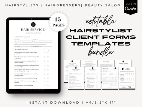 Editable Hairstylist Client Forms, Hair Salon Templates, Contract Templates, Bridal Contract, Hair Extensions, Hairstylist Form, Hairdresser Hairstylist Templates, Bridal Contract, Hair Services, Contract Agreement, Salon Owners, Business Hairstyles, Contract Template, Medical History, Hair Extension