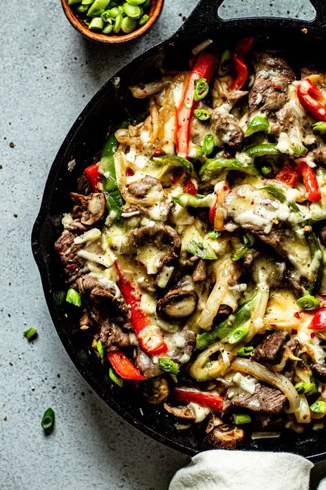 This Philly Cheesesteak Skillet is an easy one skillet meal packed with tender steak, crisp veggies, and perfectly melt-y cheese. Philly Cheese Steak Skillet, Cheese Steak Skillet, Philly Cheesesteak Skillet, Cheesesteak Skillet, Steak Skillet, Skillet Steak, Cheese Steak Sandwich, One Skillet Meals, Cheese Steak