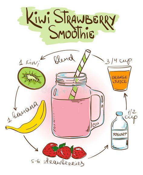 Sketch Kiwi Strawberry smoothie recipe. royalty free illustration Kiwi Strawberry, Resep Smoothie, Smoothie Fruit, Recipe Book Diy, Smoothie Recipes Strawberry, Homemade Cookbook, Recipe Drawing, Food Doodles, Makanan Diet