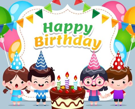 Four children celebrating happy birthday... | Premium Vector #Freepik #vector #happy-birthday-cake #birthday-cake #birthday-cake-cakes #happy-birthday-girl Banner Birthday Design, Happy Birthday For Kids, Birthday Border, Background Happy Birthday, Birthday Tree, Happy Birthday Background, Happy Birthday Kids, Birthday Party Games For Kids, Birthday Image