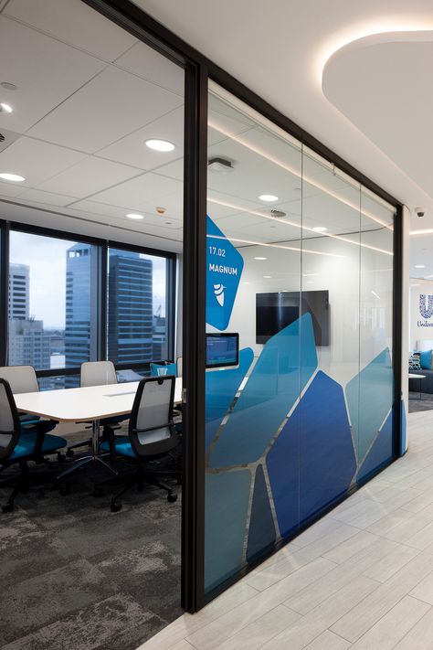 Unilever Sydney CBD office on Behance Corporate Office Branding Ideas, Office Window Design, Blue Office Aesthetic, Office Branding Wall, Blue Office Design, Office Design Corporate, Glass Sticker Design, Glass Wall Office, Environmental Branding