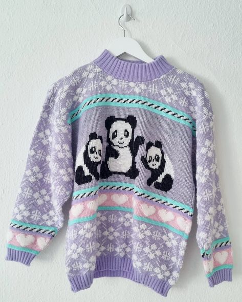 A little tight and small on me, but think it can work in ways and give a different look than some of my bigger sweaters 💕 But if anyone sees this, thinking their panda sweater is too large get in touch ✌🏻 Sweaters With Animals On Them, Kawaii Winter Sweater With Cartoon Print, Kawaii Knitted Long Sleeve Sweater, Black And White Bear Sweater, Panda Sweater, Fancy Sweater, Big Sweaters, J Fashion, Junk Drawer