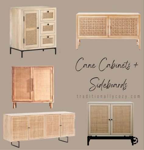 A variation of light wood cabinets with rattan doors for dining rooms. Options include 2 door cabinets and 2 door cabinets, with black metal legs and wooden legs. Cane Cabinets, Boho Cabinet, Cane Cabinet, Cane Sideboard, Hall Ideas, Boho Dining Room, Dining Room Cabinet, Cane Furniture, Entrance Hall