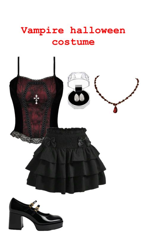 Halloween, vampire , monster , dracular , costume, mary janes , necklace, ruffel skirt, corset top , red, Red Skirt Halloween Costume, Diy Vampire Costume Women Outfit, Halloween Costumes Vampire Women, Vampire Girl Outfit, Ruffel Skirt, Halloween Vampire Costumes Women, Vampire Costume Ideas Women, Womens Vampire Costume, Teen Vampire Costume