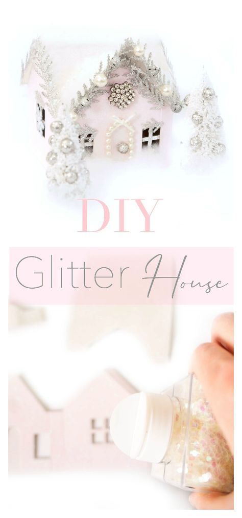 This DIY Glitter House is the perfect way to glam up your home this holiday season and can be customized to match your other decor. Make one or create a whole village to add a warm and cozy feel to the house! Glam Gingerbread House, Mini Christmas Houses Diy, Pink Christmas Decorations Diy, Puts Houses, Diy Christmas Village Houses, Christmas Village Display Ideas Diy, Putz Village, Diy Blush, Christmas Village Display Ideas