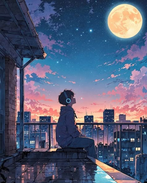 Anime Cityscape, Red Eyes Anime, Anime Iphone Wallpaper, Full Moon And Stars, Stars Anime, Night Cityscape, The Garden Of Words, Night Scenes, Drawings For Boyfriend