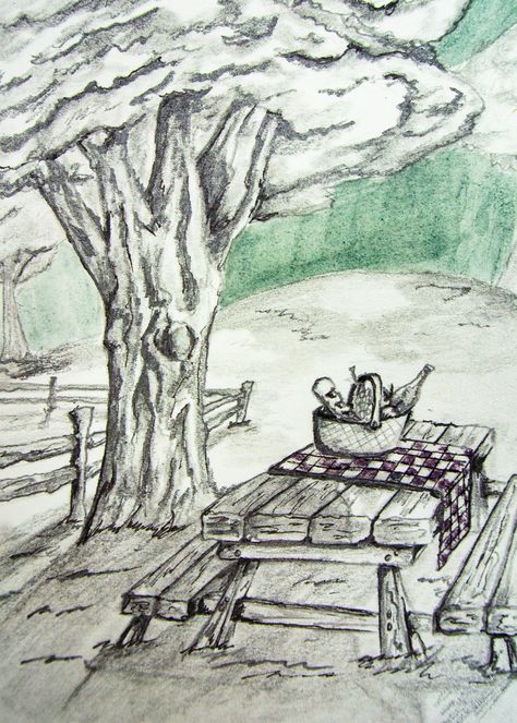 Don't forget to check out Naughty Egg's attempt on Week 2's Challenge: PICNIC. Have you tried the challenge? Just click the link to watch, like and subscribe! Picnic Drawing Sketch, Picnic Table Drawing, Picnic Sketch, Picnic Drawing, Sketchbook Development, July Bujo, Fairy Trees, Picnic Art, Series To Watch