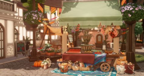 Medieval Market 🥕 This lot is a request for @urjulish (YT channel) and made in medieval style! I also want to say thanks to SatiSim ( @satisimbuilds ) for Medieval Market Stand, Magic Vending Machine... Sims 4 Medieval Lots, Sims 4 Medieval, Ts4 Lots, Medieval Market, Market Stands, Medieval Style, Yt Channel, Medieval Fashion, Sims 4 Cc Finds