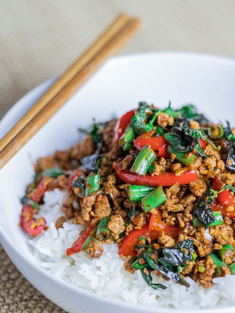 Try this easy recipe for vegetarian Thai basil tofu aka Pad Krapow. Stir fried ground tofu with garlic, ginger, and veggies in a spicy, savory soy sauce! #thairecipes #padkrapow #thaibasil #asianrecipes #vegetarianrecipes | drivemehungry.com via @drivemehungry Tofu Basil Stir Fry, Thai Basil Vegetarian, Thai Basil Tofu, Basil Tofu Recipes, Thai Basil Recipes Vegetarian, Basil Stir Fry, Ground Tofu Recipes, Vegetarian Thai Recipes, Vegetarian Thai