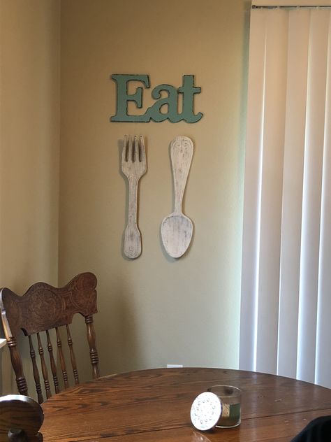 Rustic eat sign with spoon and fork for kitchen dining area Eat Decor Kitchen Wall Art, Fork And Spoon Kitchen Decor, Eat Signs For Kitchen, Dining Wall Decor, Simple Kitchen Design, Teal Kitchen, Kitchen Improvements, Kitchen Decor Wall Art, Kitchen Counter Decor