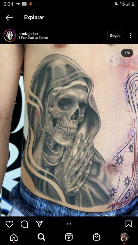 Santa Muerte Tattoo, Memorial Tattoo Quotes, All Seeing Eye Tattoo, Chicano Tattoos Sleeve, Line Tattoo Ideas, Belly Tattoos, Armband Tattoos, Torso Tattoos, Realistic Tattoo Sleeve