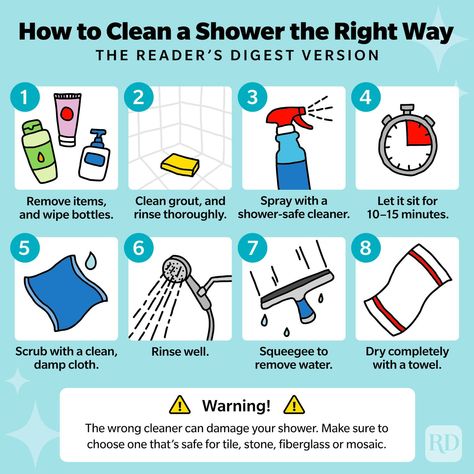 How to Clean a Shower the Right Way — Tile, Stone, Fiberglass & Mosaic Easy Cleaning Hacks, Cleaning Guide, House Cleaning Checklist, House Tips, Cleaning Business, Grout Cleaner, Household Cleaning Tips, Cleaning Organization, Todo List