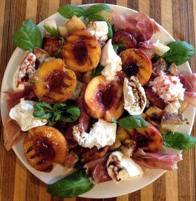 stone fruit salad with arugula, burrata, and prosciutto