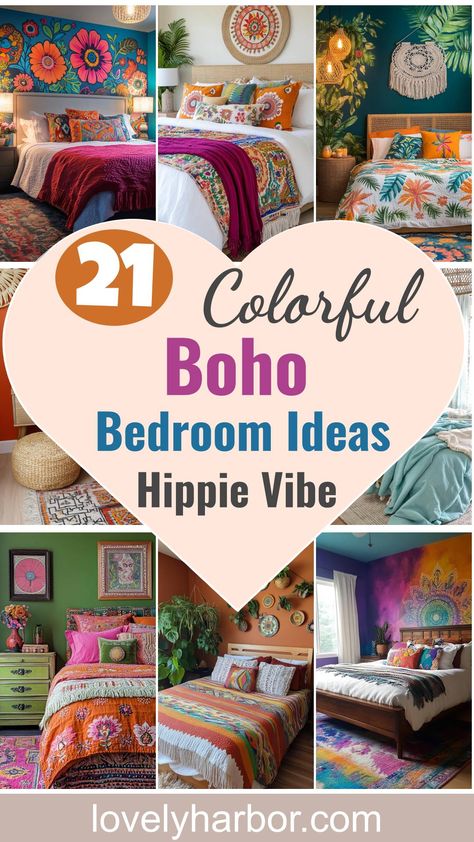 Transform your space with colorful boho decor and vibrant patterns for a whimsical, hippie vibe that truly inspires creativity and serenity. Colorful Main Bedroom, Bohemian Maximalist Decor Bedroom, Dopamine Bedroom Decor, Hippie House Exterior, Boho Adult Bedroom, Hippie Core Aesthetic, Maxamilist Bedroom Aesthetic, Rv Bedroom Makeover, Bohemian Maximalist Decor