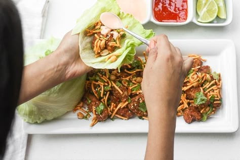 Spice it up and make copycat Szechuan chicken lettuce wraps with spicy mayo from the comfort of your own home with this easy to follow recipe. Plus, it is healthier than the original! | aheadofthyme.com Rolled Chicken Breast, Szechuan Chicken, Lettuce Wrap Recipes, Chicken Lettuce Wraps, Healthy Oatmeal, Chicken Wraps, Lettuce Wraps, Healthy Chicken, Wrap Recipes