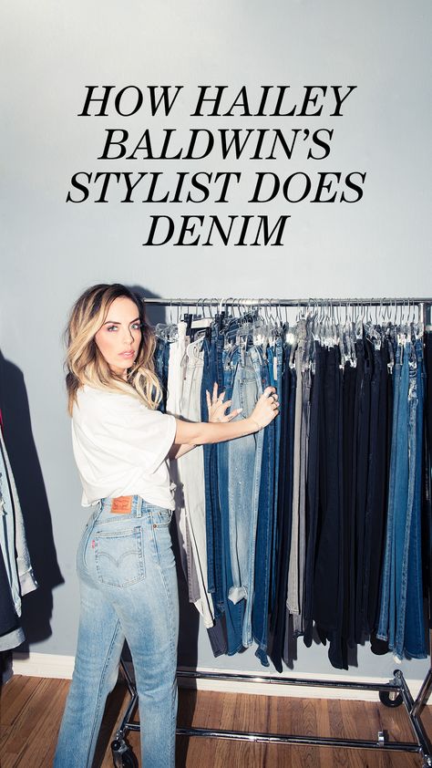 Hailey Baldwin’s Stylist Shares Her Denim Styling Tips: If you’ve ever screenshotted an outfit of Hailey Baldwin with the intention of hunting down something similar for yourself (so…everyone?), you might want to sit up and pay attention when her stylist, Maeve Reilly, has something to say.  |  coveteur.com Maeve Reilly Style, Personal Stylist Photoshoot, Stylists Outfits, Jeans Style Guide, Stylist Photoshoot, Maeve Reilly, Celebrity Jeans, Denim Styling, Personal Fashion Stylist