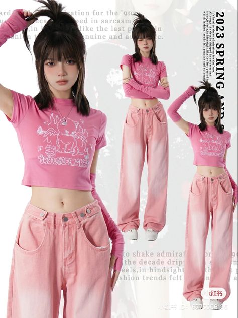 Pink And White Streetwear Outfit, Pink Korean Outfit Aesthetic, Pink Kpop Fashion, Pink K Fashion, Korean Barbie Outfit, Pink Yk2 Outfits, Y2k Cute Outfits Pink, Streetwear Pink Outfit, Unique Pink Outfits