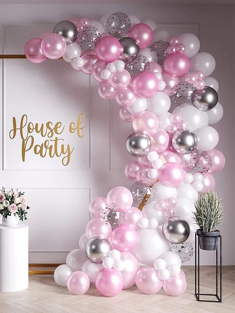 Baloni Za Rodjendan, 21st Balloon Garland, Dekoracija Za Rodjendan, Baloni Dekoracija, Pink And Silver Balloons, Baloon Garland, Champagne Wedding Cakes, 21 Balloons, Pink Sweet 16