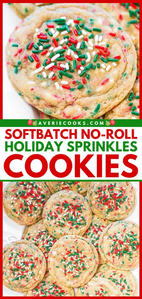 Bake up these No-Roll Holiday Sprinkles Cookies! They're an easy holiday dessert. Super soft and buttery, these sugar cookies with sprinkles are a winner. Gotta love a Christmas cookie exchange recipe you don't have to decorate! Christmas Cookies With Sprinkles, Christmas Sprinkle Cookies, Sprinkle Sugar Cookies, Sprinkles Cookies, Cookies With Sprinkles, Sugar Cookies With Sprinkles, Buttery Sugar Cookies, Holiday Sugar Cookies, Averie Cooks