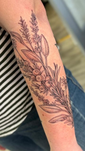 Herb Tattoos For Women, Herbs Tattoo Sleeve, Juniper Tattoo Meaning, Fern Wrapped Around Arm Tattoo, Rosemary Bundle Tattoo, Bouquet Of Herbs Tattoo, Juniper Tattoos, Juniper Berry Tattoo, Chamomile Tattoo