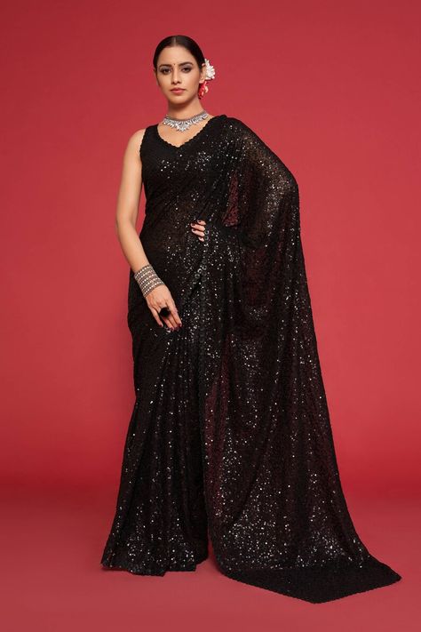 Black Sequin Saree, Sequins Saree, Pure Georgette Sarees, Sequin Saree, Party Sarees, Party Wear Saree, Black Saree, Wear Saree, Georgette Saree