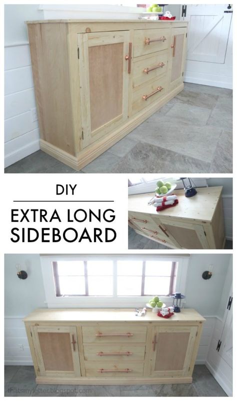 A DIY tutorial to build an extra long sideboard cabinet. Free plans to make this dining room storage cabinet with three large drawers and two cabinets. Extra Long Sideboard, Sideboard Diy, Long Sideboard, Dining Room Storage Cabinet, Diy Sideboard, Diy Drawers, Outdoor Furniture Plans, Dining Room Storage, Diy Cabinets