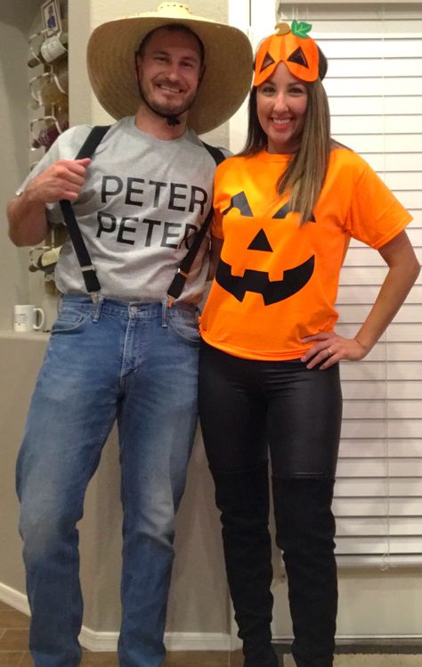 Peter Pumpkin Eater Couples Costume, Peter Peter Pumpkin Eater Costume Couple, Peter Peter Pumpkin Eater Costume, Diy Couples Halloween Costumes, Peter Pumpkin Eater, Holloween Costumes, Punny Halloween Costumes, Peter Peter Pumpkin Eater, Chicken Costume