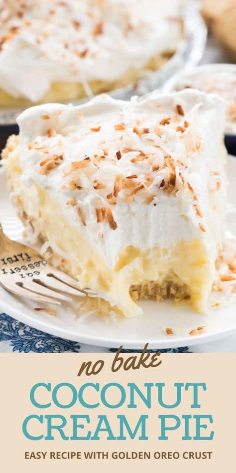 The secret to this Easy Coconut Cream Pie is pudding mix! It’s so easy, being a no-bake recipe. It has a Golden Oreo Crust and just 5 ingredients total. The best coconut pie recipe! Best Coconut Pie Recipe, No Bake Coconut Cream Pie, Greece Recipes, Germany Recipes, Easy Coconut Cream Pie, Golden Oreo Crust, Coconut Cream Pie Easy, Best Coconut Cream Pie, Coconut Pie Recipe