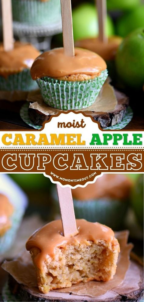 CARAMEL APPLE CUPCAKES, fall baking, apple recipes Apple Cupcakes With Caramel Frosting, Cupcake Recipes For Thanksgiving, Carmel Apple Cupcakes Easy, Caramel Apple Cupcakes Easy, Apple Finger Desserts, Halloween Apple Dessert Ideas, Fall Potluck Ideas Dessert, Easy Thanksgiving Treats To Make, Cupcake Fall Ideas