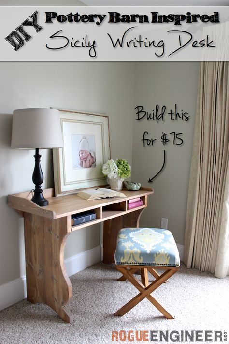 DIY Sicily Writing Desk Plans | Rogue Engineer | rogueengineer.com #DIYdeskplans #livingroomDIYplans Diy Vanity Desk, Diy Writing Desk, Pottery Barn Hacks, Woodworking Desk Plans, Diy Keramik, Desk Plans, Pottery Barn Inspired, Diy Vanity, Table Diy