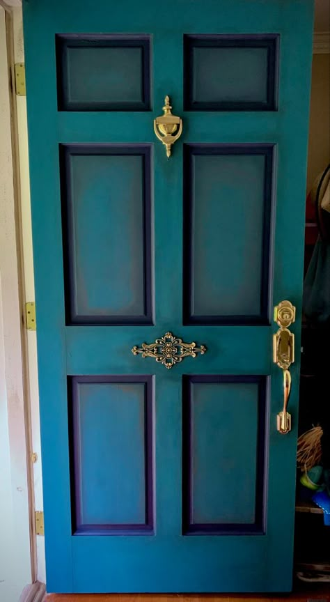 A boring six panel door painted with in the Navy, Antebellum Blue, black Best Dang Wax, @dixiebellepaint and gold gilding wax. @woodubend decor moulding was added for interest. Blue And Gold Front Door, Ombre Front Door, Dark Blue Door, Unique Interior Door Painting Ideas, Front Door Art, Black House Colorful Door, Purple Blue Front Door, Front Door Painting Ideas Creative, Black House With Purple Door