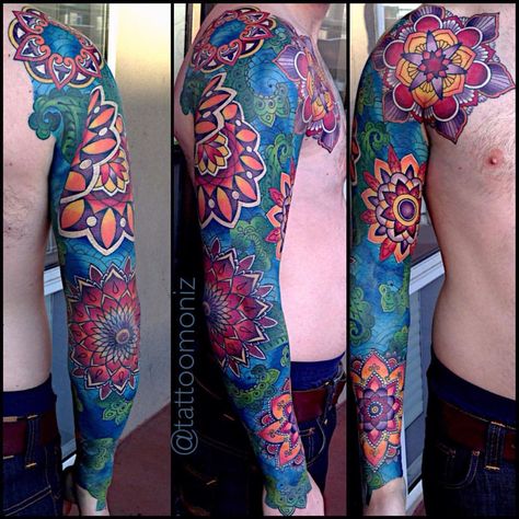 Color M Tattoo, Mangas Tattoo, Mandala Tattoo Sleeve, Geometric Sleeve Tattoo, Full Arm Tattoos, Music Tattoo Designs, Beautiful Flower Tattoos, Muster Tattoos, Geometry Tattoo