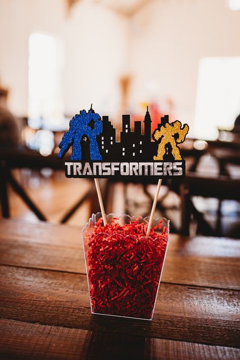 Cardstock custom centerpiece Transformers Centerpieces Ideas, Transformers Centerpieces, Transformers Birthday Cake, Transformers Party, Transformers Birthday Parties, Transformers Birthday, Transformer Party, 7th Birthday Party Ideas, Birthday Centerpiece