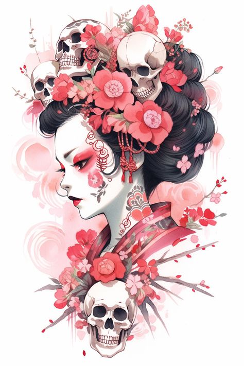 geisha, kabuki, skulls, roses, cherry blossoms, --niji 5 --ar 2:3 Viking Princess, Skull Queen, Graphic Drawings, Disney Princess Tattoo, Princess Tattoo, Japan Sakura, Japan Tattoo Design, Japan Tattoo, Japanese Tattoos