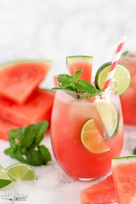 Watermelon mojito garnished with lime and mint. Rhubarb Mojito, Mojito Drinks, Bar Tender, Spicy Drinks, Strawberry Mint, Refreshing Summer Drinks, Summer Porch, Strawberry Rhubarb, Drink Ideas